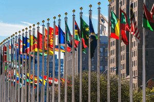 A semi circle of national flags in front of the UN building.