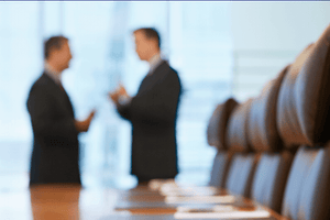 Two men discussing business in a conference room. 